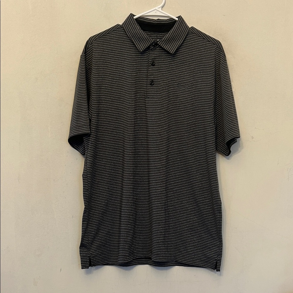 Under Armour Men's Black Gray Striped Polo Shirt Size L EUC
